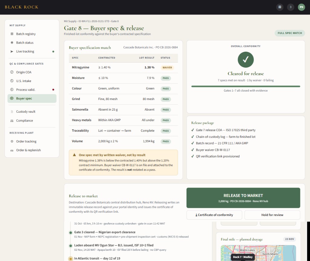 Sample buyer portal screen showing buyer specification and lot release