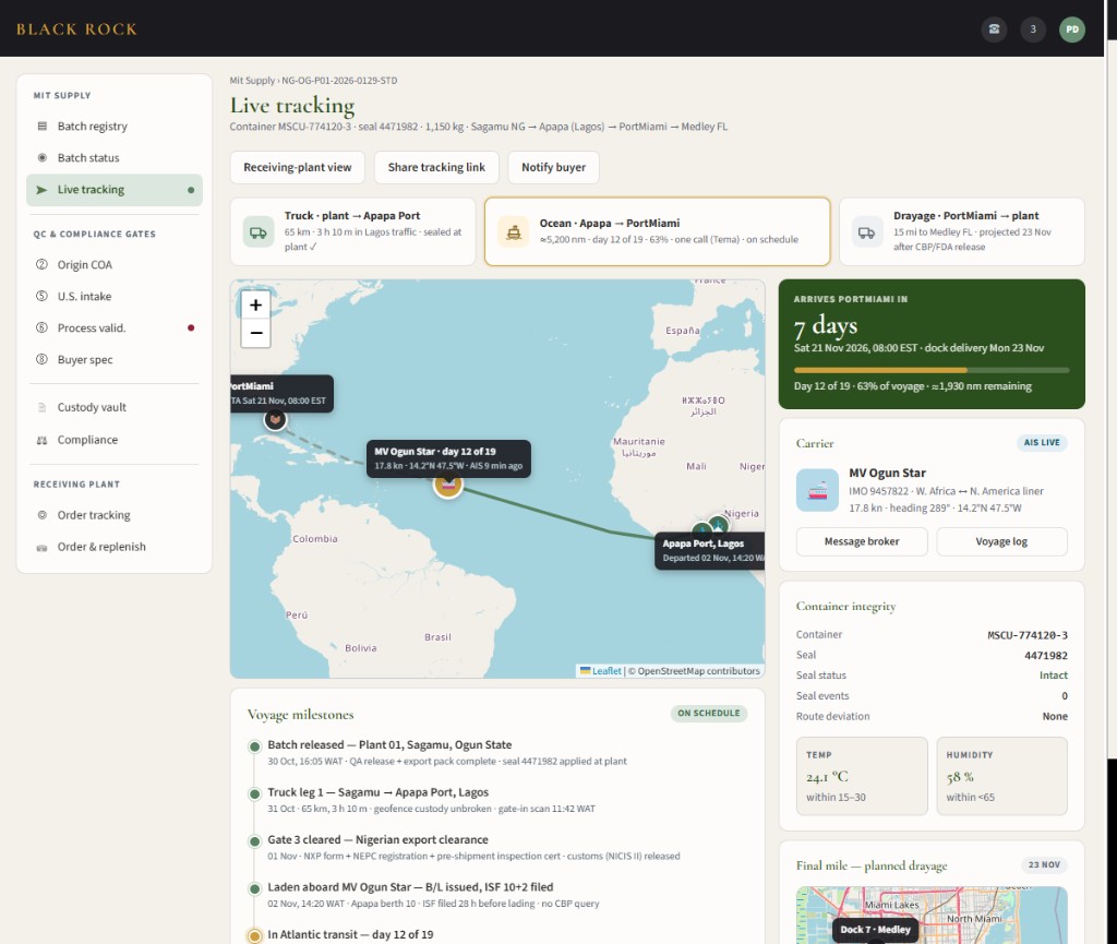 Sample buyer portal screen showing live shipment tracking